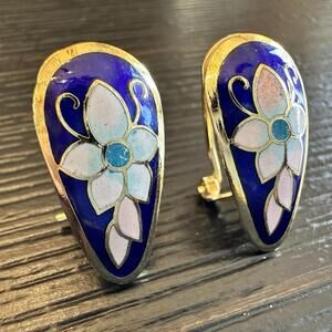 Vintage Blue Pink Enamel Cloisonne Teardrop Goldtone Flower Post & Clip Earrings